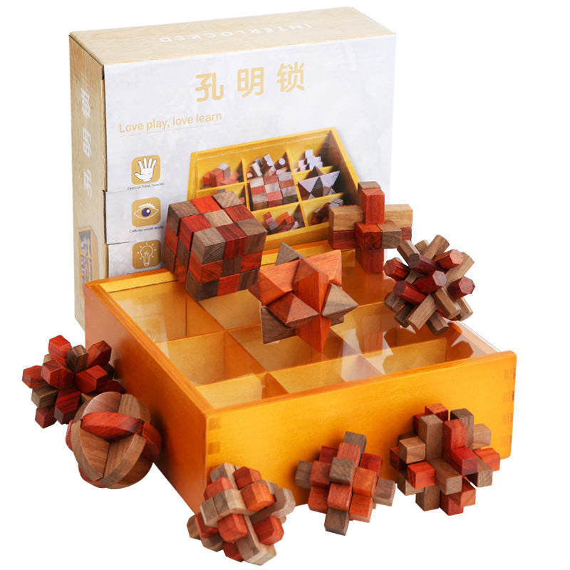 Mahogany Kongming Lock Puzzle Set – 9 Intricate Challenges in Wooden Box