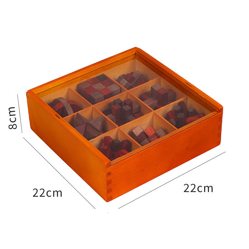 Mahogany Kongming Lock Puzzle Set – 9 Intricate Challenges in Wooden Box