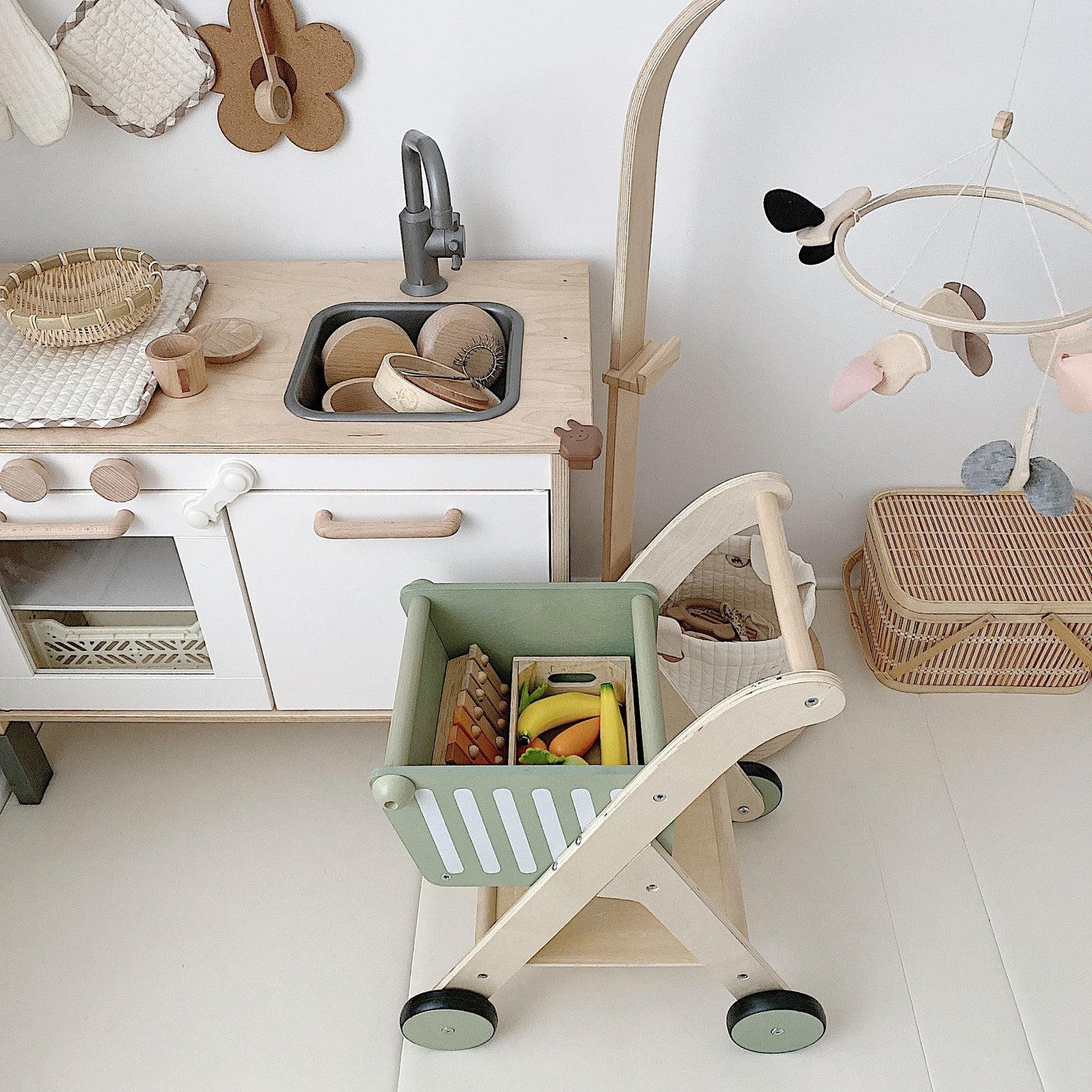 Toddler’s Wooden Shopping Cart – Perfect for Walk & Play